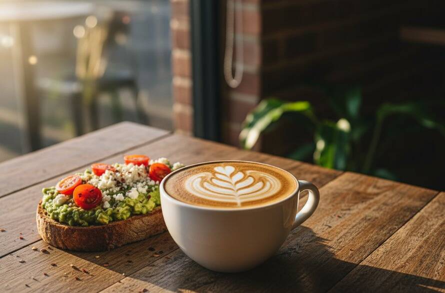 An epic moment shot of a perfectly plated gourmet brunch dish, featuring vibrant avocado toast with poached eggs and edible flowers, dramatically lit by natural window light in a charming Upper Ferntree Gully cafe, showcasing professional Upper Ferntree Gully cafe food photography with shallow depth of field.