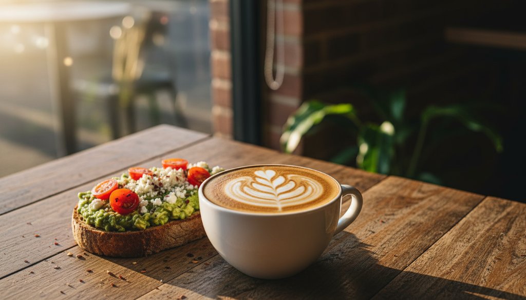 An epic moment shot of a perfectly plated gourmet brunch dish, featuring vibrant avocado toast with poached eggs and edible flowers, dramatically lit by natural window light in a charming Upper Ferntree Gully cafe, showcasing professional Upper Ferntree Gully cafe food photography with shallow depth of field.