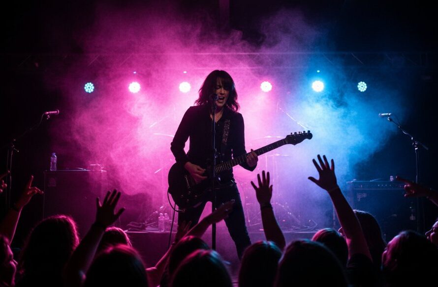 An electrifying wide shot of a band performing on stage at a local Dennington venue, with the lead singer mid-song under dramatic stage lighting, perfectly capturing Dennington live music energy and the raw emotion of the moment, surrounded by an enthusiastic crowd.