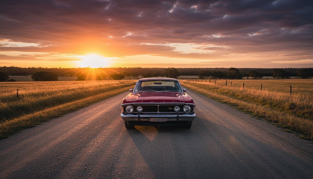 An epic moment captured: A stunning vintage muscle car, meticulously detailed, gleams under the golden hour sun on a quiet Dennington rural road, perfectly showcasing Capturing Dennington's classic cars through professional automotive photography Victoria.
