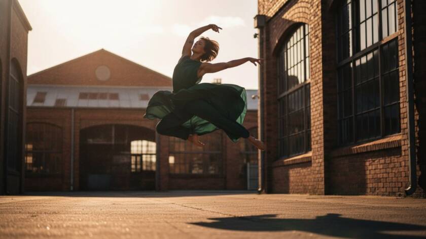 Dynamic photograph of a dancer mid-leap at sunset near a modern building in Derrimut, Victoria, showcasing the beauty of Capturing Derrimut Dance Artistry Victoria with dramatic lighting and vibrant colours.