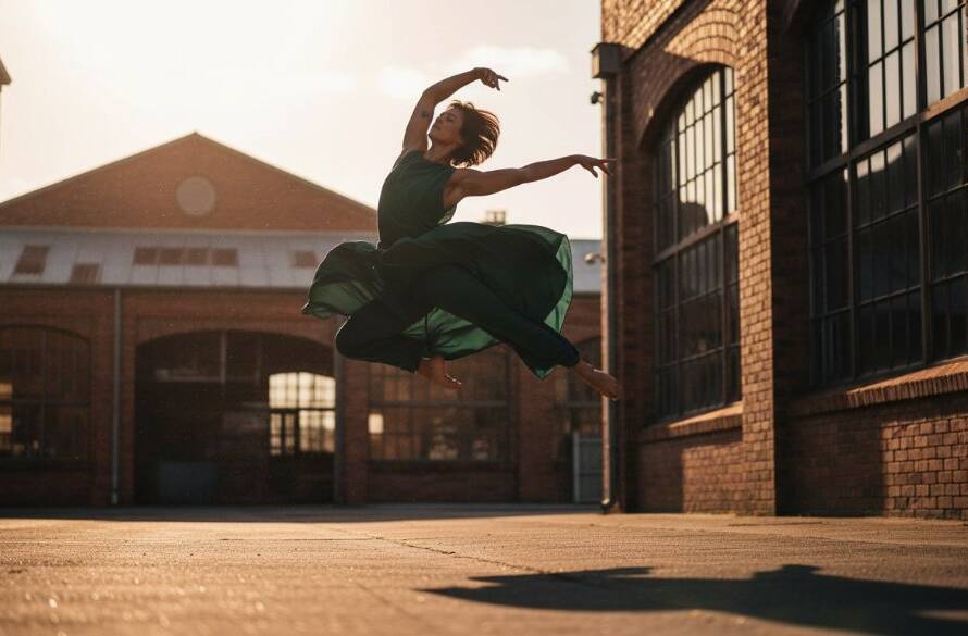 Dynamic photograph of a dancer mid-leap at sunset near a modern building in Derrimut, Victoria, showcasing the beauty of Capturing Derrimut Dance Artistry Victoria with dramatic lighting and vibrant colours.