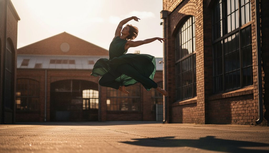 Dynamic photograph of a dancer mid-leap at sunset near a modern building in Derrimut, Victoria, showcasing the beauty of Capturing Derrimut Dance Artistry Victoria with dramatic lighting and vibrant colours.
