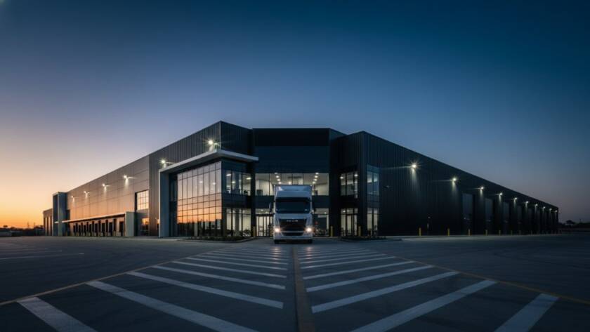 Dramatic, low-angle shot of a striking, modern commercial building in Derrimut, Victoria, bathed in the golden light of a setting sun, highlighting its unique architectural lines and materials, showcasing the best of capturing Derrimut's modern commercial architecture.