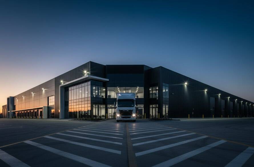Dramatic, low-angle shot of a striking, modern commercial building in Derrimut, Victoria, bathed in the golden light of a setting sun, highlighting its unique architectural lines and materials, showcasing the best of capturing Derrimut's modern commercial architecture.