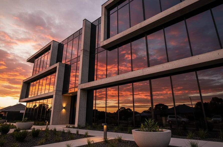 An epic, low-angle shot of a striking, modern architectural masterpiece in Doncaster, Victoria, featuring clean lines and a glass facade reflecting a dramatic sunset sky, expertly showcasing Capturing Doncaster's Modern Architectural Photography with professional color grading.