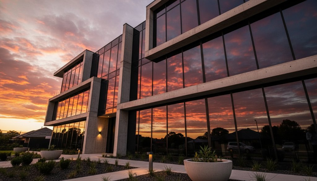 An epic, low-angle shot of a striking, modern architectural masterpiece in Doncaster, Victoria, featuring clean lines and a glass facade reflecting a dramatic sunset sky, expertly showcasing Capturing Doncaster's Modern Architectural Photography with professional color grading.