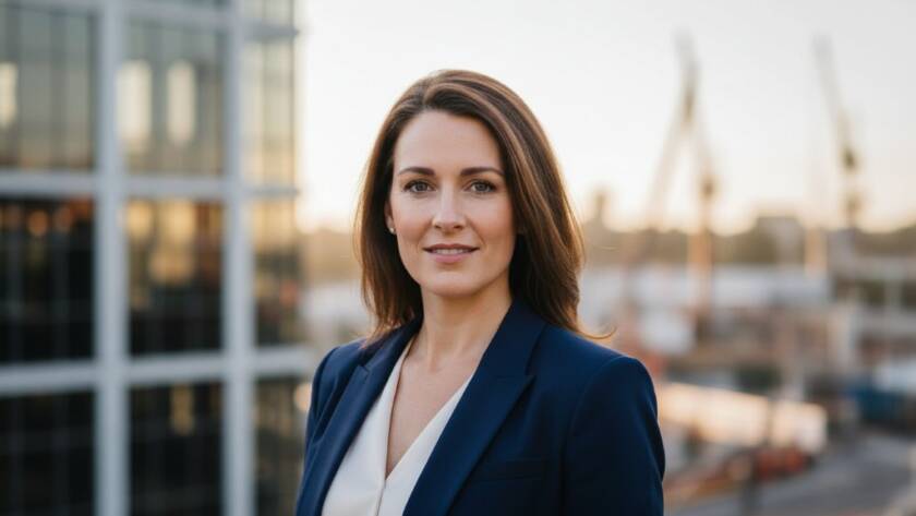 A powerful, cinematic portrait of a confident business professional, taken amidst the industrial-chic backdrop of a Doveton street, showcasing their determination and approachability. This image is key for Capturing Doveton Professional Headshots for Career Success, with dramatic natural light highlighting their expression and the urban textures of the location.