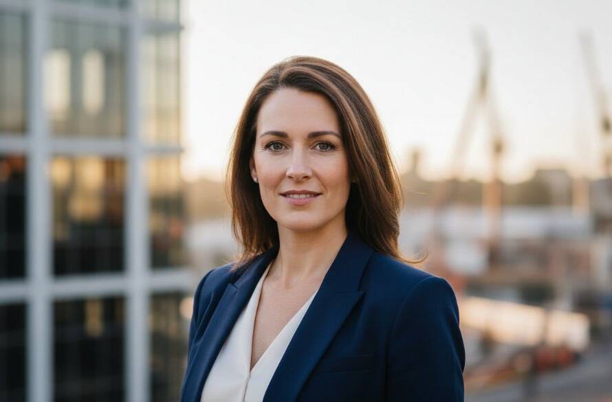 A powerful, cinematic portrait of a confident business professional, taken amidst the industrial-chic backdrop of a Doveton street, showcasing their determination and approachability. This image is key for Capturing Doveton Professional Headshots for Career Success, with dramatic natural light highlighting their expression and the urban textures of the location.