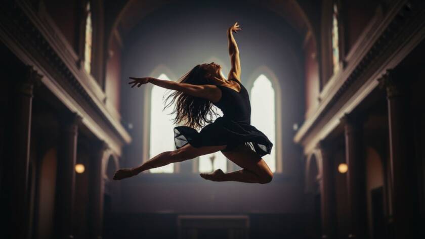 A powerful, dynamic shot capturing dramatic dance photography Armadale performances, featuring a dancer mid-air in an epic leap, illuminated by dramatic stage lighting against a blurred backdrop evoking a grand Armadale venue.