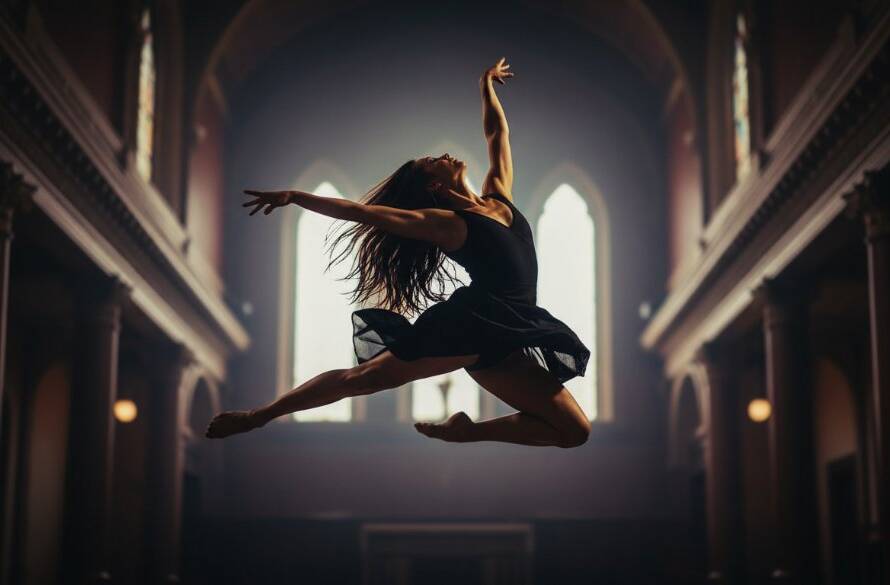 A powerful, dynamic shot capturing dramatic dance photography Armadale performances, featuring a dancer mid-air in an epic leap, illuminated by dramatic stage lighting against a blurred backdrop evoking a grand Armadale venue.