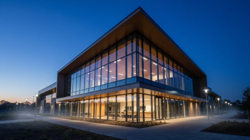 A professional, cinematic photograph of a stunning modern building in Drouin, Victoria, at dusk, with warm interior lights glowing against a dramatic, cloudy sky, emphasising the sleek lines and innovative design, perfectly capturing Drouin architectural beauty Victoria.