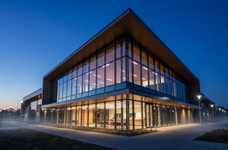 A professional, cinematic photograph of a stunning modern building in Drouin, Victoria, at dusk, with warm interior lights glowing against a dramatic, cloudy sky, emphasising the sleek lines and innovative design, perfectly capturing Drouin architectural beauty Victoria.