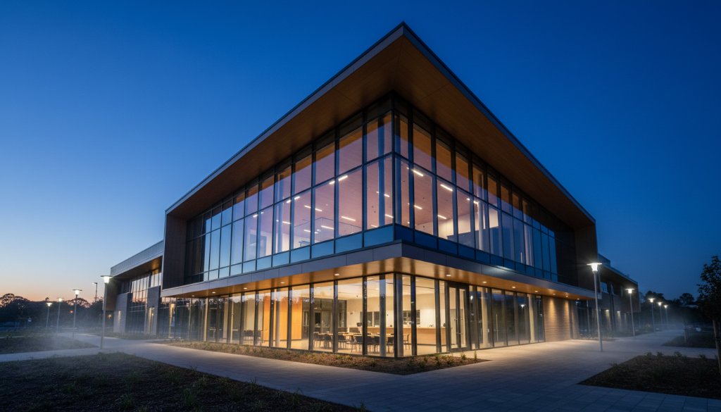 A professional, cinematic photograph of a stunning modern building in Drouin, Victoria, at dusk, with warm interior lights glowing against a dramatic, cloudy sky, emphasising the sleek lines and innovative design, perfectly capturing Drouin architectural beauty Victoria.