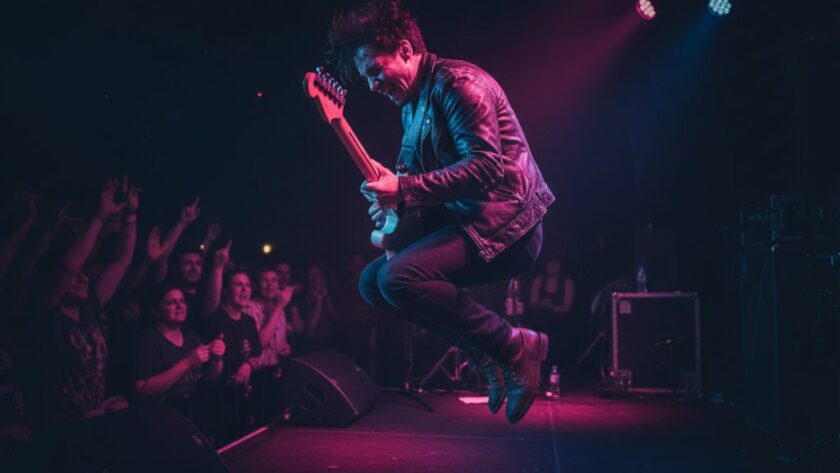 An epic, dramatically lit photograph of a lead singer performing on stage, bathed in blue and purple lights, with their arm outstretched towards a cheering crowd in a lively Drumcondra venue, perfectly capturing Drumcondra live music photography energy.