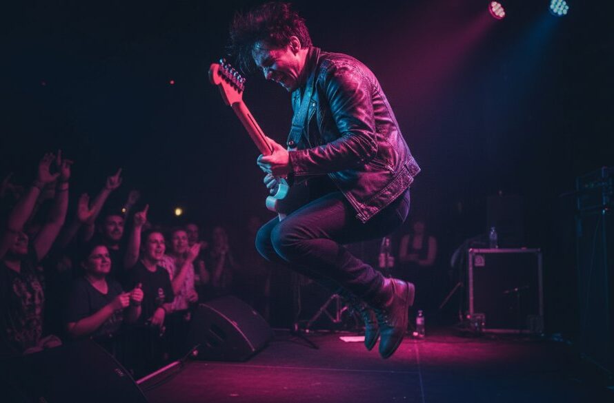 An epic, dramatically lit photograph of a lead singer performing on stage, bathed in blue and purple lights, with their arm outstretched towards a cheering crowd in a lively Drumcondra venue, perfectly capturing Drumcondra live music photography energy.