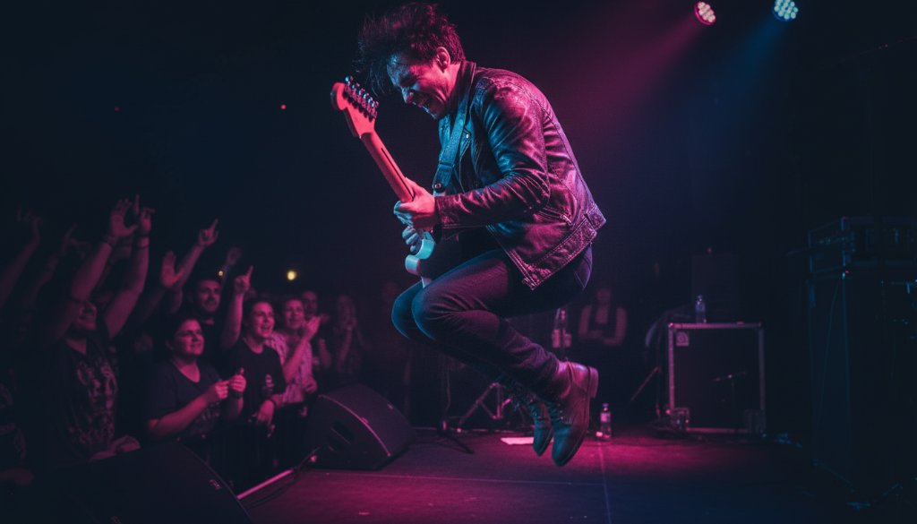 An epic, dramatically lit photograph of a lead singer performing on stage, bathed in blue and purple lights, with their arm outstretched towards a cheering crowd in a lively Drumcondra venue, perfectly capturing Drumcondra live music photography energy.