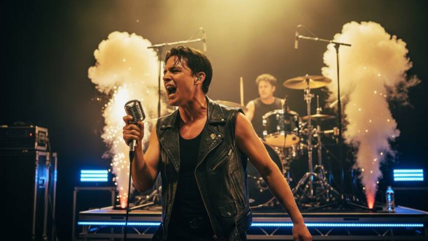 An electrifying wide shot capturing dynamic Braeside gig photography: a lead guitarist mid-solo on stage, bathed in dramatic magenta and blue stage lights, with a cheering, blurred crowd in the foreground and a smoke machine adding atmosphere, showcasing an epic moment of live music energy.
