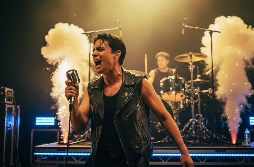 An electrifying wide shot capturing dynamic Braeside gig photography: a lead guitarist mid-solo on stage, bathed in dramatic magenta and blue stage lights, with a cheering, blurred crowd in the foreground and a smoke machine adding atmosphere, showcasing an epic moment of live music energy.