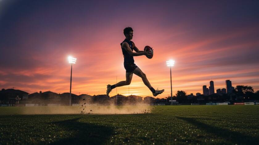 A wide-angle, low-angle shot capturing dynamic Chadstone sports photography moments of a footballer scoring a winning goal, mid-air with intense focus, under dramatic stadium lights at dusk, highlighting the raw emotion and athleticism in Chadstone.