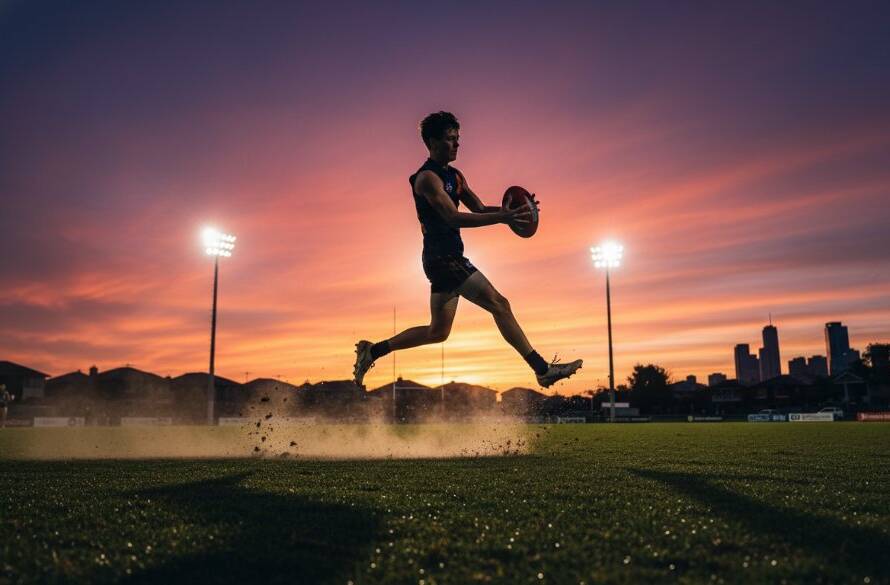 A wide-angle, low-angle shot capturing dynamic Chadstone sports photography moments of a footballer scoring a winning goal, mid-air with intense focus, under dramatic stadium lights at dusk, highlighting the raw emotion and athleticism in Chadstone.