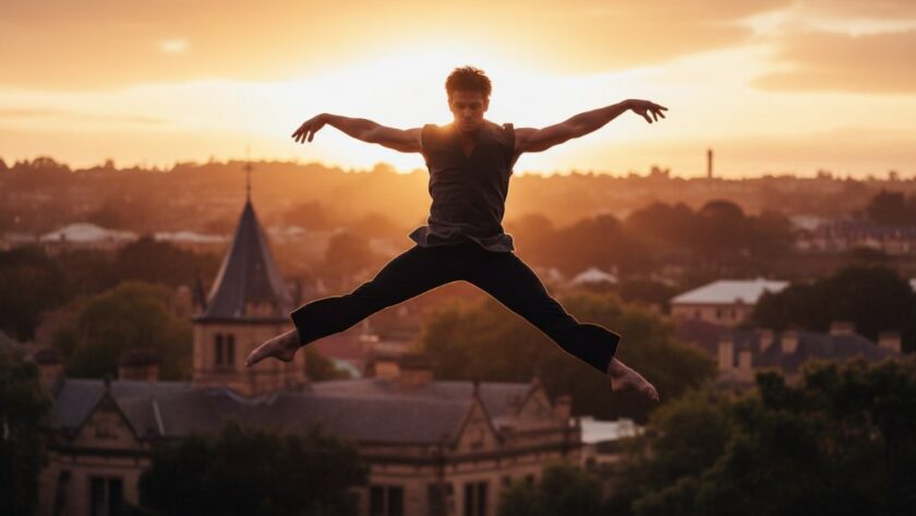 An epic moment photograph of a female contemporary dancer mid-leap against a softly blurred, historic brick wall in Newtown, Victoria, her form dramatically lit, perfectly capturing dynamic contemporary dance Newtown Victoria with grace and power.