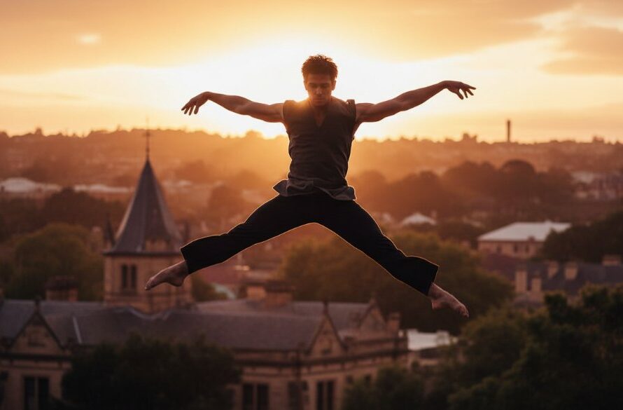 An epic moment photograph of a female contemporary dancer mid-leap against a softly blurred, historic brick wall in Newtown, Victoria, her form dramatically lit, perfectly capturing dynamic contemporary dance Newtown Victoria with grace and power.