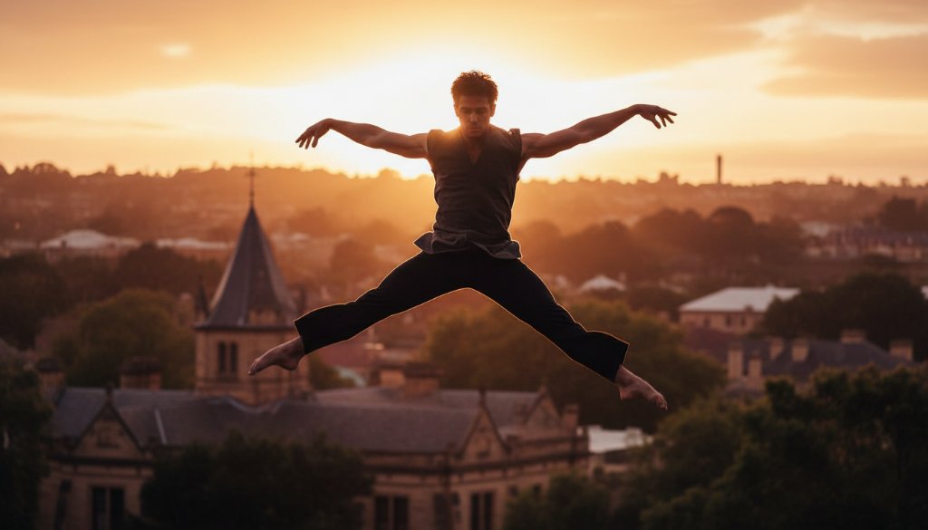 An epic moment photograph of a female contemporary dancer mid-leap against a softly blurred, historic brick wall in Newtown, Victoria, her form dramatically lit, perfectly capturing dynamic contemporary dance Newtown Victoria with grace and power.