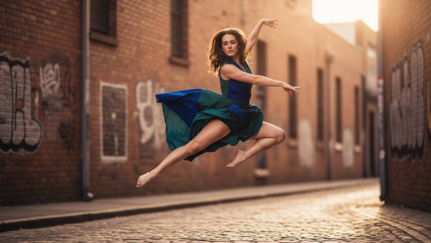 An exquisite dancer in mid-air, performing a breathtaking leap against a subtly blurred backdrop of historic Seddon street art, dramatically lit by a late afternoon sun, embodying the essence of capturing dynamic dance artistry Seddon. The scene is professionally colour graded with a cinematic feel, highlighting the dancer's grace and power.