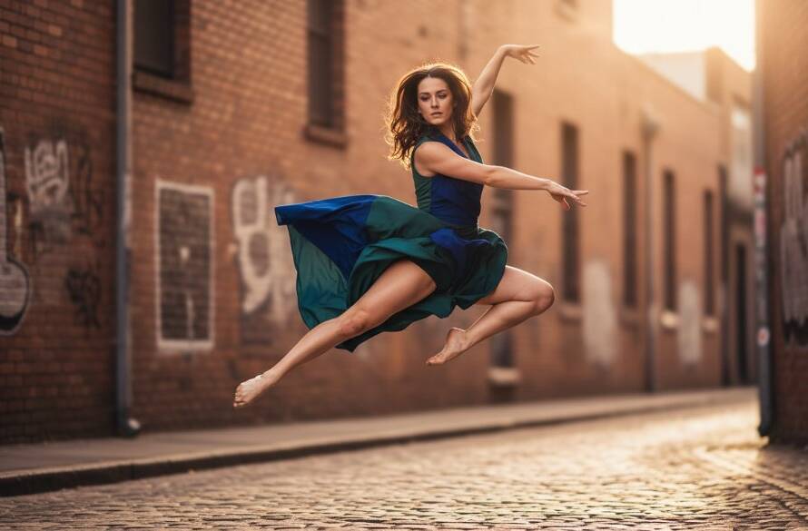 An exquisite dancer in mid-air, performing a breathtaking leap against a subtly blurred backdrop of historic Seddon street art, dramatically lit by a late afternoon sun, embodying the essence of capturing dynamic dance artistry Seddon. The scene is professionally colour graded with a cinematic feel, highlighting the dancer's grace and power.