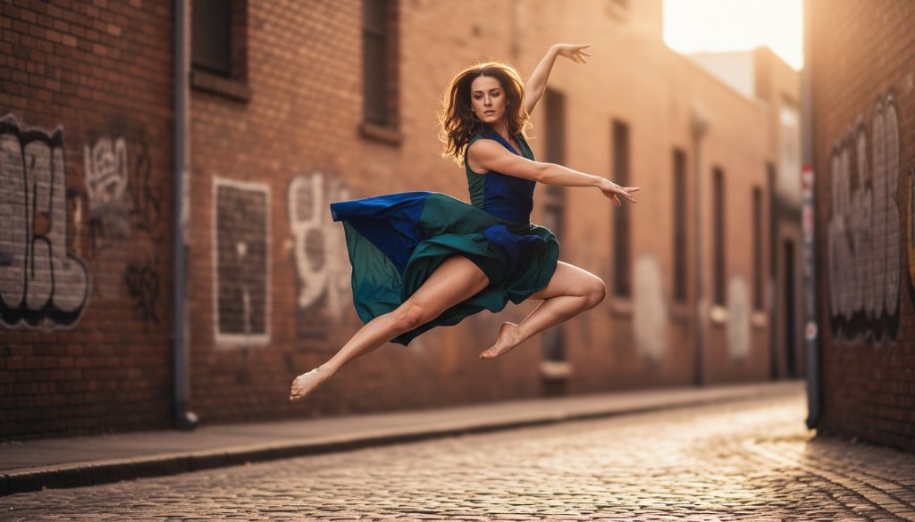 An exquisite dancer in mid-air, performing a breathtaking leap against a subtly blurred backdrop of historic Seddon street art, dramatically lit by a late afternoon sun, embodying the essence of capturing dynamic dance artistry Seddon. The scene is professionally colour graded with a cinematic feel, highlighting the dancer's grace and power.