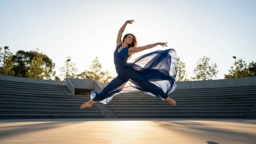 An elegant dancer frozen mid-air in a powerful leap, silhouetted against a dramatic sunset over a serene landscape near Nunawading, perfectly capturing dynamic dance moments Nunawading with professional lighting and artistic composition.