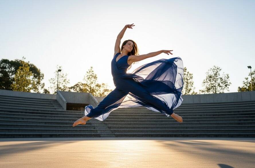 An elegant dancer frozen mid-air in a powerful leap, silhouetted against a dramatic sunset over a serene landscape near Nunawading, perfectly capturing dynamic dance moments Nunawading with professional lighting and artistic composition.