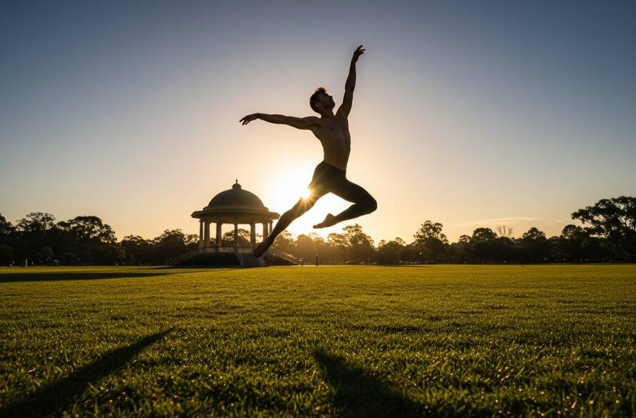 An energetic dancer leaps mid-air, bathed in dramatic stage lighting, capturing dynamic dance moments Oakleigh with incredible detail and emotion, a hero shot for a performance.
