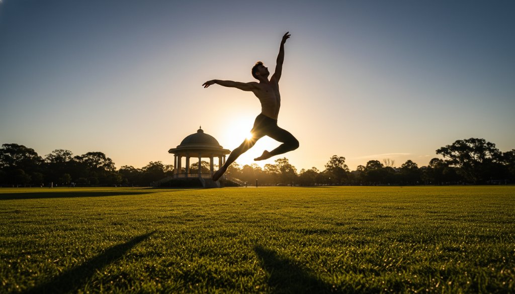An energetic dancer leaps mid-air, bathed in dramatic stage lighting, capturing dynamic dance moments Oakleigh with incredible detail and emotion, a hero shot for a performance.