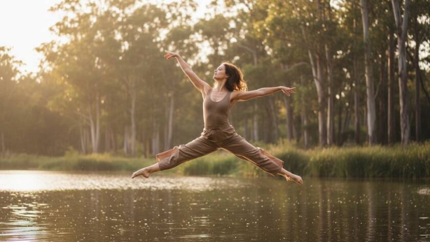 An elegant dancer performing a breathtaking leap against a subtly blurred natural backdrop in Blackburn Lake Sanctuary, showcasing dynamic dance photography Blackburn Victoria with dramatic sunset lighting.