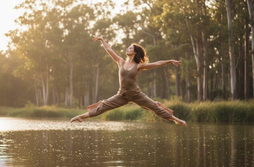 An elegant dancer performing a breathtaking leap against a subtly blurred natural backdrop in Blackburn Lake Sanctuary, showcasing dynamic dance photography Blackburn Victoria with dramatic sunset lighting.