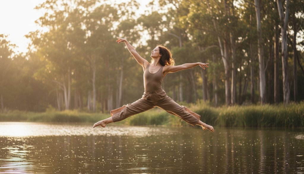 An elegant dancer performing a breathtaking leap against a subtly blurred natural backdrop in Blackburn Lake Sanctuary, showcasing dynamic dance photography Blackburn Victoria with dramatic sunset lighting.
