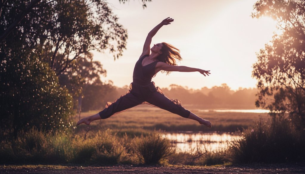 A breathtaking wide shot of a dancer mid-leap at golden hour, silhouetted against the iconic natural landscape of Botanic Ridge, showcasing the essence of capturing dynamic dance photography Botanic Ridge Victoria, with dramatic lens flare and professional colour grading.