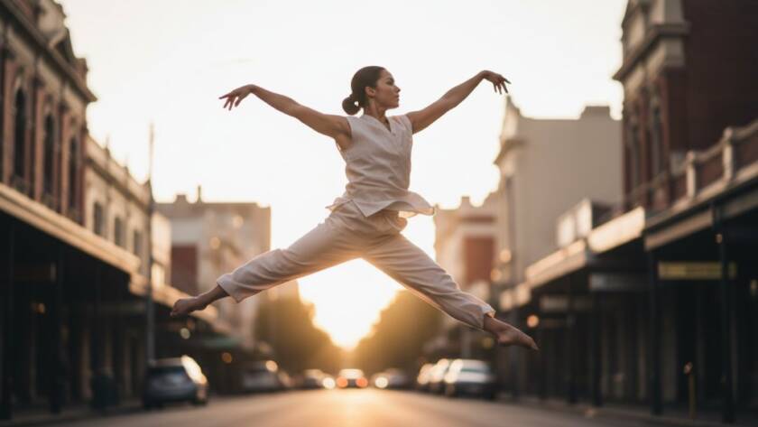 An elegant dancer mid-air, bathed in dramatic stage lighting, performing a breathtaking jump against a blurred urban background of Burwood, Victoria, exemplifying dynamic dance photography Burwood Victoria in an epic moment.
