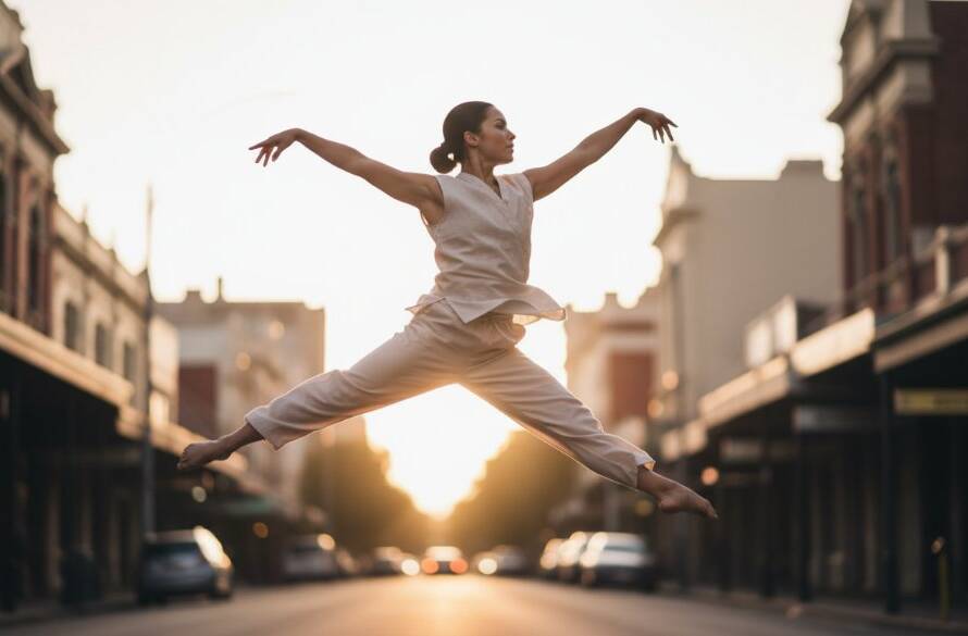 An elegant dancer mid-air, bathed in dramatic stage lighting, performing a breathtaking jump against a blurred urban background of Burwood, Victoria, exemplifying dynamic dance photography Burwood Victoria in an epic moment.