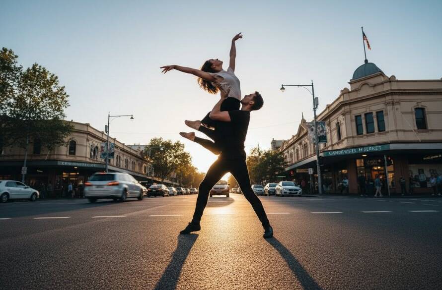 A breathtaking, high-energy shot capturing dynamic dance photography Camberwell Victoria, featuring a male and female dancer mid-air in a dramatic lift outside the iconic Camberwell Market building, bathed in golden hour light with a vibrant orange and blue sky, showcasing their strength and grace in an epic moment of artistic expression, professionally color graded.