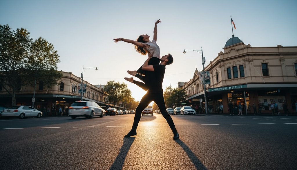 A breathtaking, high-energy shot capturing dynamic dance photography Camberwell Victoria, featuring a male and female dancer mid-air in a dramatic lift outside the iconic Camberwell Market building, bathed in golden hour light with a vibrant orange and blue sky, showcasing their strength and grace in an epic moment of artistic expression, professionally color graded.