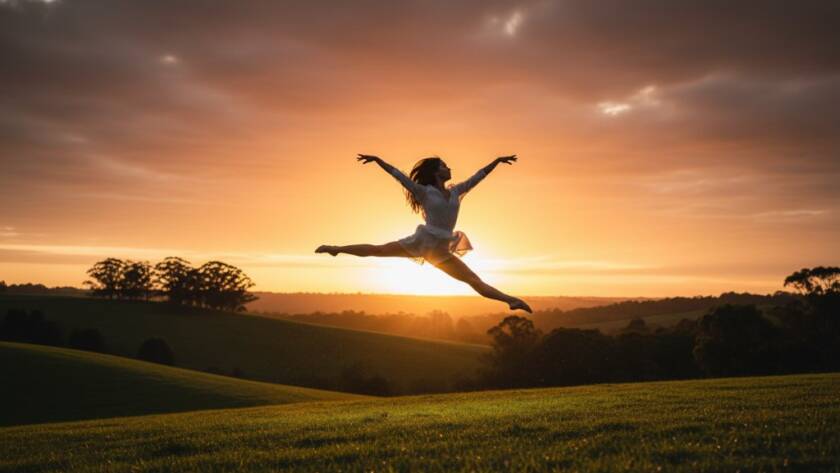 An elegant dancer mid-leap, silhouetted against a golden sunset over the Croydon Hills landscape, perfectly illustrating capturing dynamic dance photography Croydon Hills with dramatic lighting.