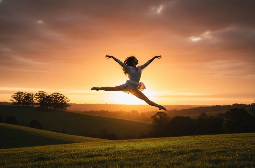 An elegant dancer mid-leap, silhouetted against a golden sunset over the Croydon Hills landscape, perfectly illustrating capturing dynamic dance photography Croydon Hills with dramatic lighting.