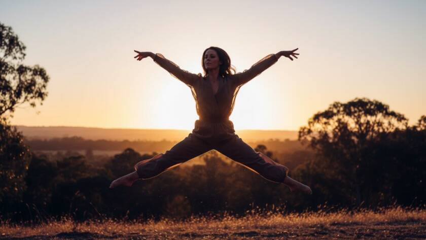 An energetic contemporary dancer performs a powerful, gravity-defying leap against a dramatically lit, slightly blurred natural backdrop, encapsulating the art of capturing dynamic dance photography Croydon Vic in an epic, professional photograph.
