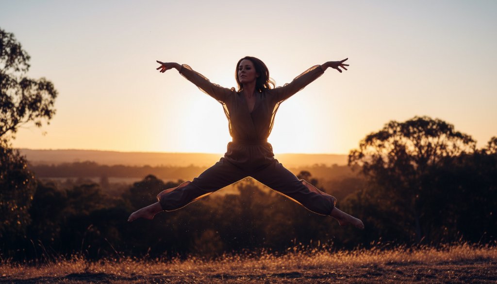 An energetic contemporary dancer performs a powerful, gravity-defying leap against a dramatically lit, slightly blurred natural backdrop, encapsulating the art of capturing dynamic dance photography Croydon Vic in an epic, professional photograph.