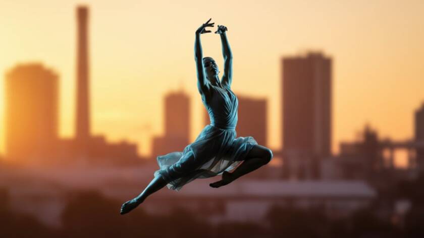 A powerful female dancer in mid-air, performing an acrobatic leap against the blurred industrial backdrop of Dandenong South at sunset, illustrating dynamic dance photography Dandenong South with dramatic backlighting and intense focus.
