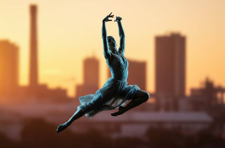A powerful female dancer in mid-air, performing an acrobatic leap against the blurred industrial backdrop of Dandenong South at sunset, illustrating dynamic dance photography Dandenong South with dramatic backlighting and intense focus.