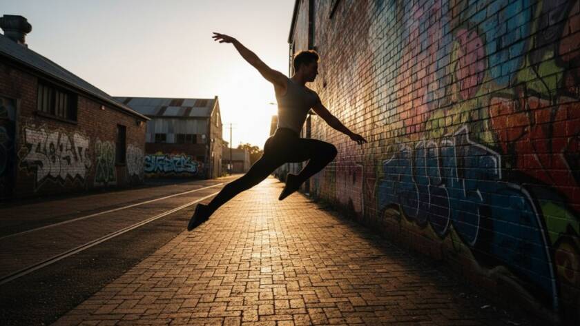 An energetic dancer leaps mid-air against a vibrant, graffiti-covered wall in Footscray, perfectly illustrating capturing dynamic dance photography Footscray with dramatic lighting and a sense of powerful movement.